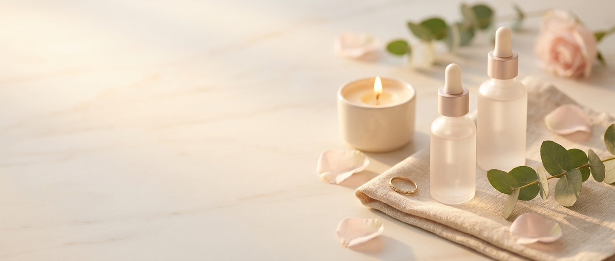 Lumi & Co hero — serum bottles, gold ring, lit candle, eucalyptus and rose petals on soft marble