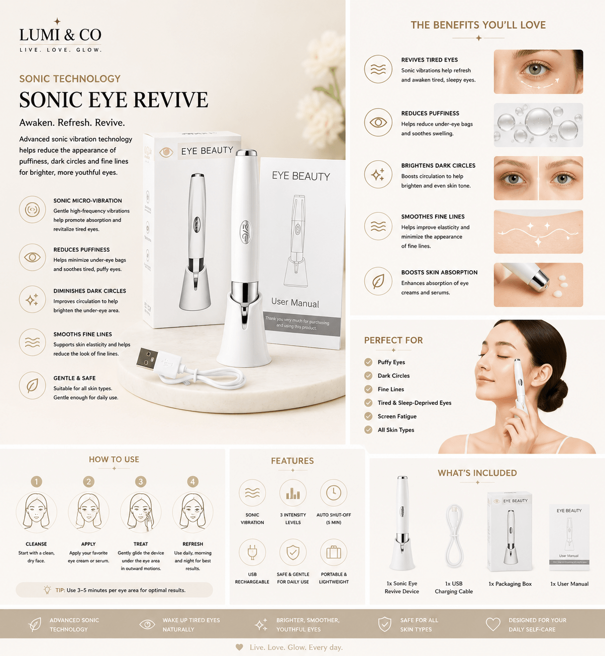 Lumi & Co | Lumi & Co. | Sonic Eye Revive | Micro-Vibration & Dark Circle Recovery Tool - Professional Anti Aging Device at Home