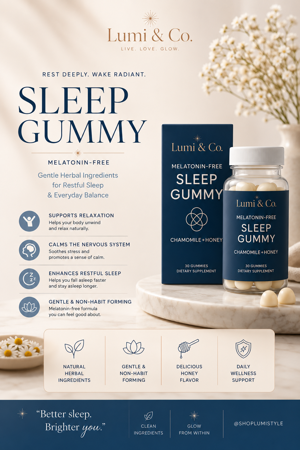 Lumi & Co | Lumi & Co | DreamEase Herbal Sleep Gummies — Magnesium, L-Theanine & Chamomile - Professional Anti Aging Device at Home