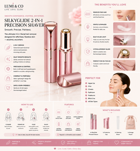 Lumi & Co. | SilkyGlide 2-in-1 Precision Shaver | Portable USB Facial & Eyebrow Trimmer