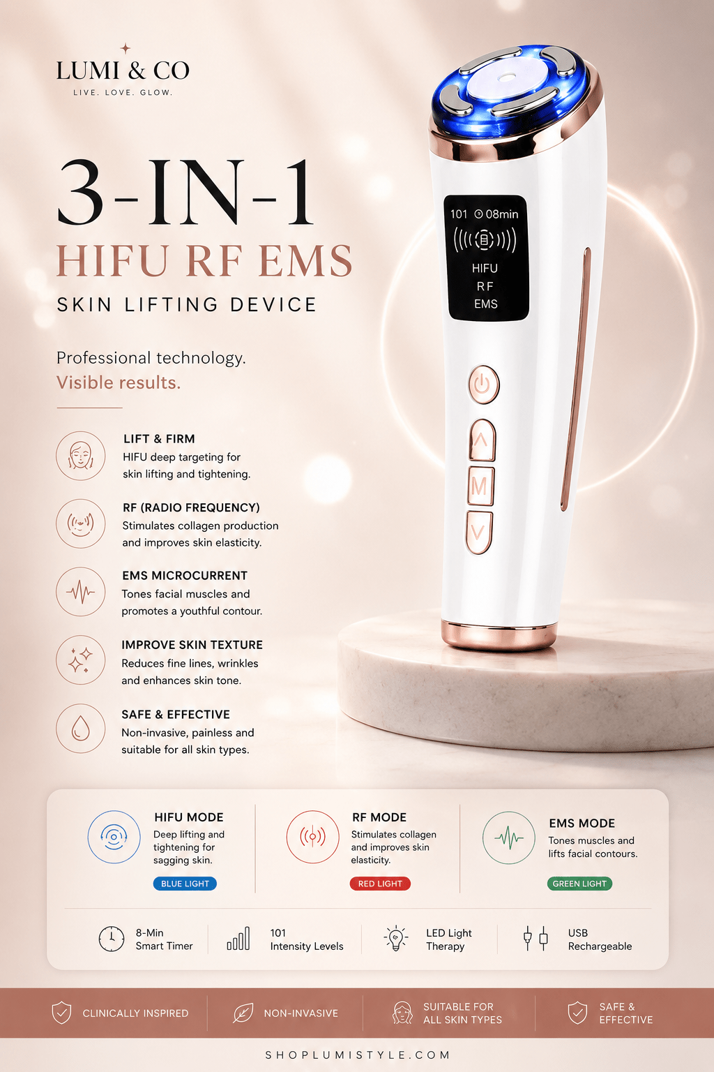 Lumi & Co | Lumi & Co. | Lumi Lift Pro — HIFU & EMS Sculpting Device for Visible Lift at Home - Professional Anti Aging Device at Home