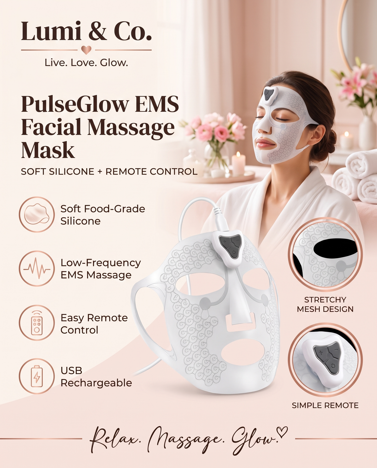 Lumi & Co | PulseGlow EMS Facial Massage Mask — Soft Silicone with Remote - Professional Anti Aging Device at Home