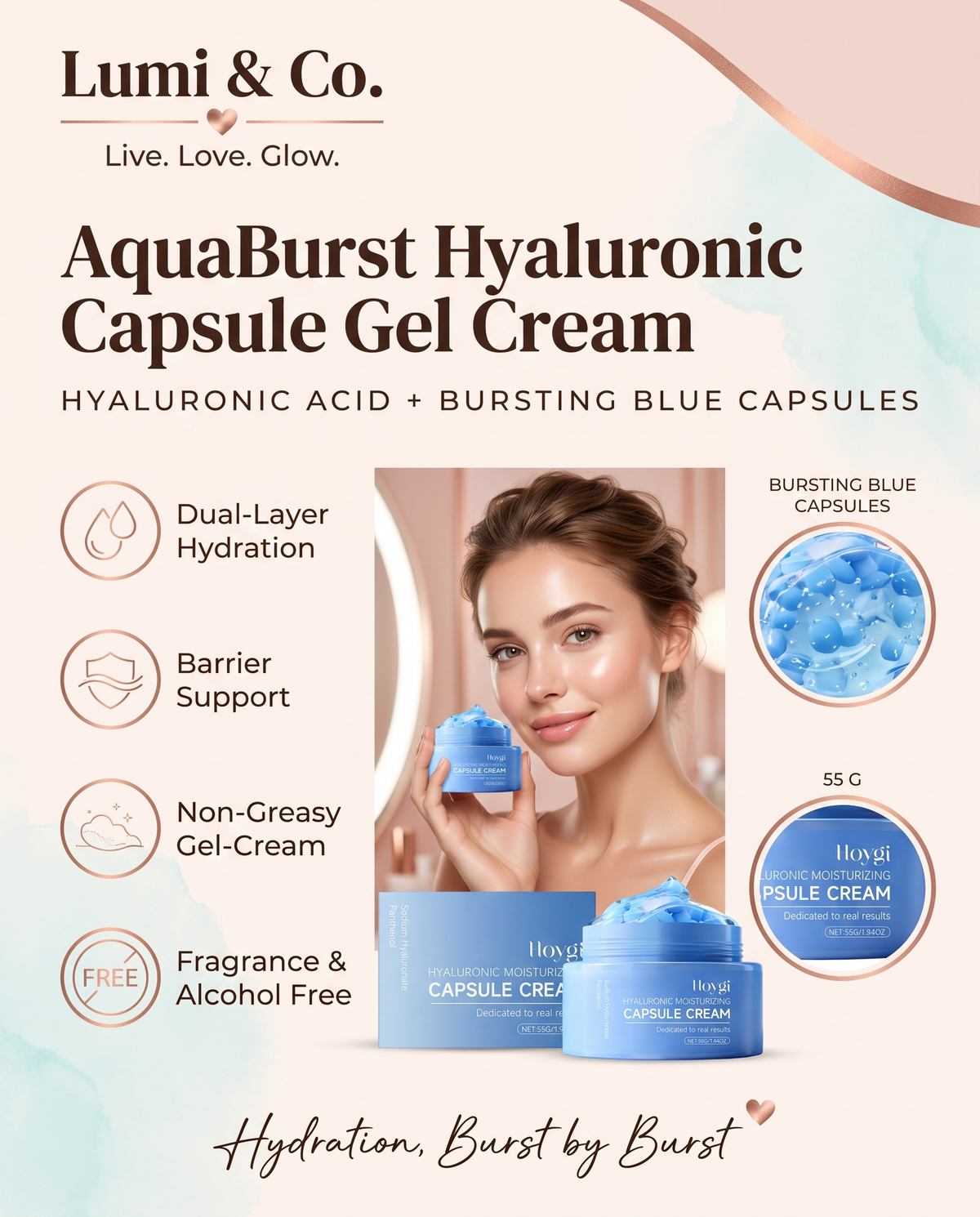 Lumi & Co | AquaBurst Hyaluronic Capsule Gel Cream — Deep Hydration & Barrier Support - Professional Anti Aging Device at Home