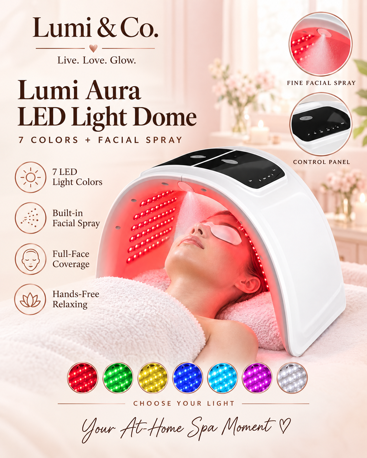 Lumi & Co | Lumi Aura כיפת LED ב-7 צבעים עם ספריי פנים - Professional Anti Aging Device at Home