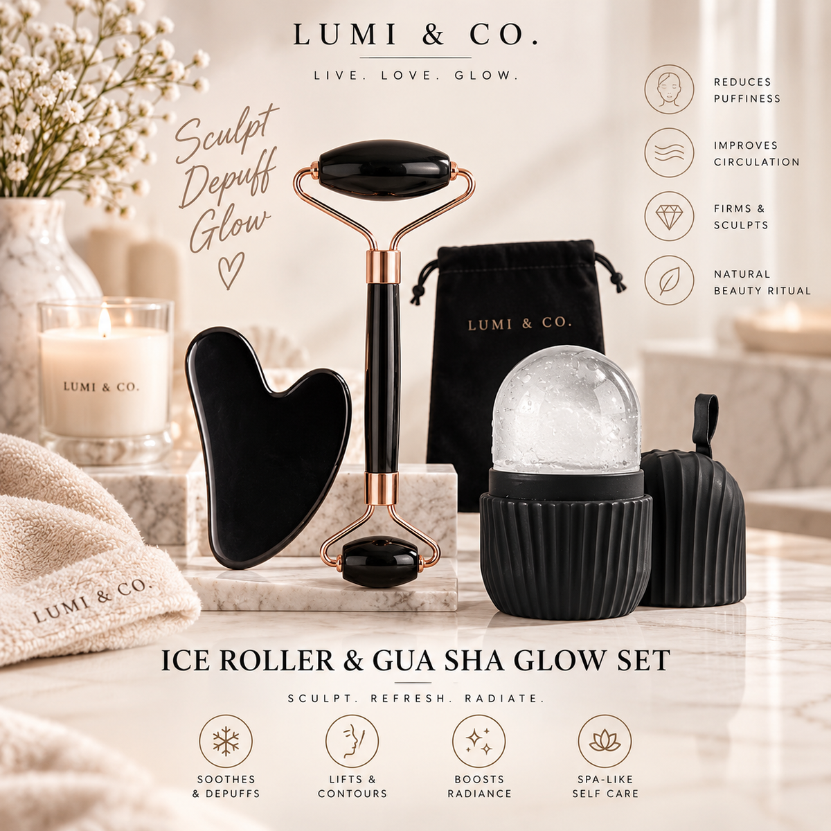 Lumi & Co | לומי & קו | סט רולר קרח & גואה שה זוהר - Professional Anti Aging Device at Home