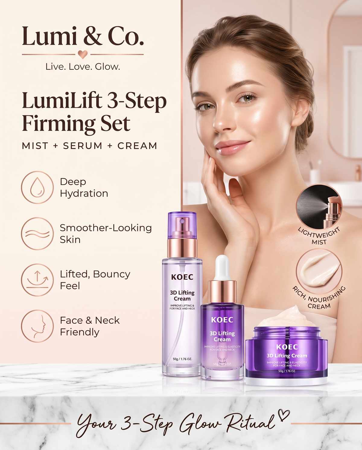 Lumi & Co | LumiLift 3-Step Firming Skincare Set — Mist, Serum & Cream - Professional Anti Aging Device at Home