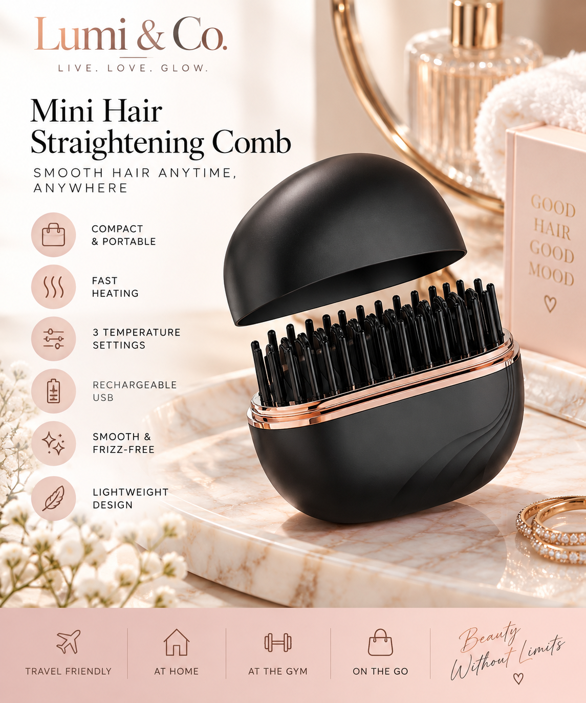 Lumi & Co | GlowGlide Mini Wireless Straightening Comb - Professional Anti Aging Device at Home