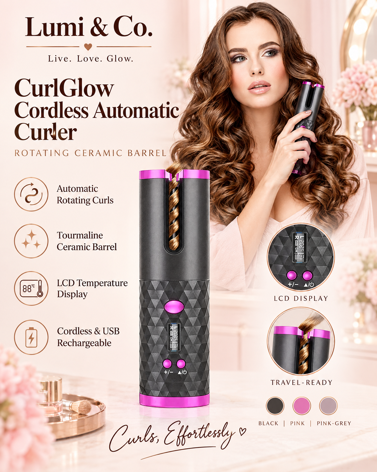 Lumi & Co | CurlGlow Cordless Automatic Hair Curler — Rotating Ceramic Curling Iron - Professional Anti Aging Device at Home