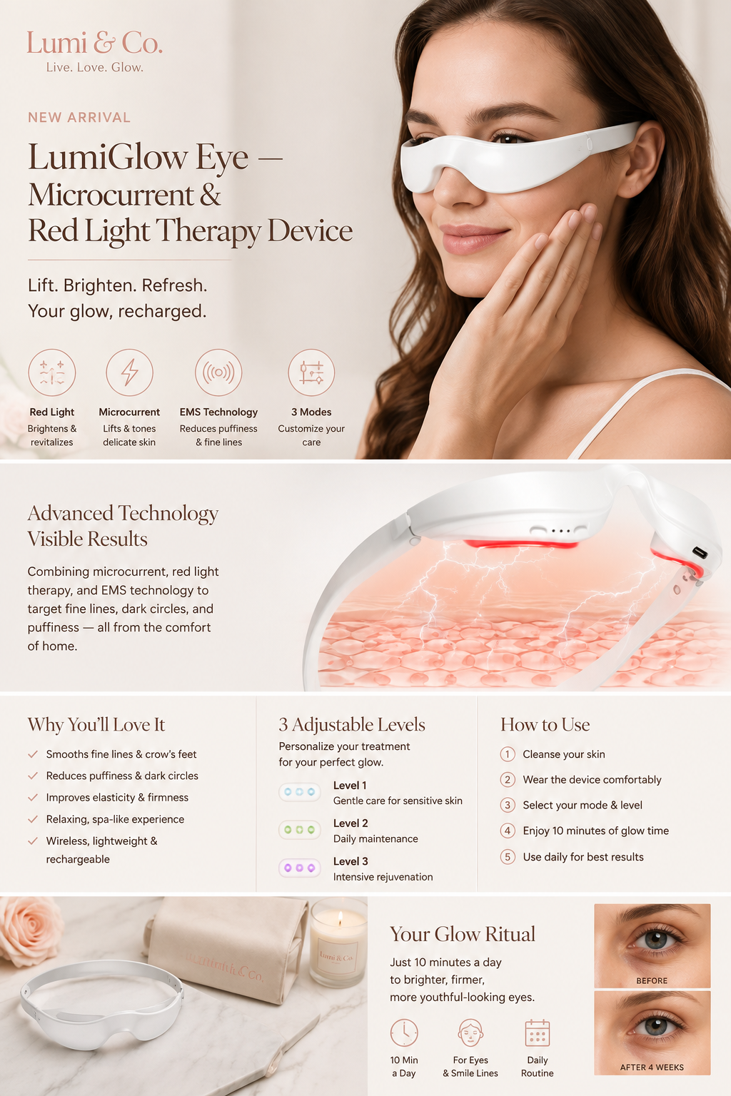 Lumi & Co | LumiGlow Eye — Microcurrent & Red Light Therapy Device - Professional Anti Aging Device at Home